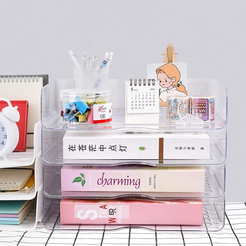 1 PCS Transparent Office Stackable Desk Organizer Desktop Storage Box File  Tray Display Book  Magazine Holder