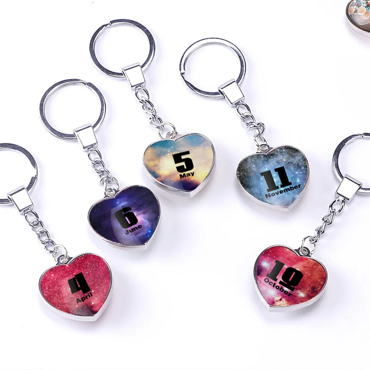 Custom wholesale 25mm crystal glass round pendant keychain multicolor digital heart shaped keychains