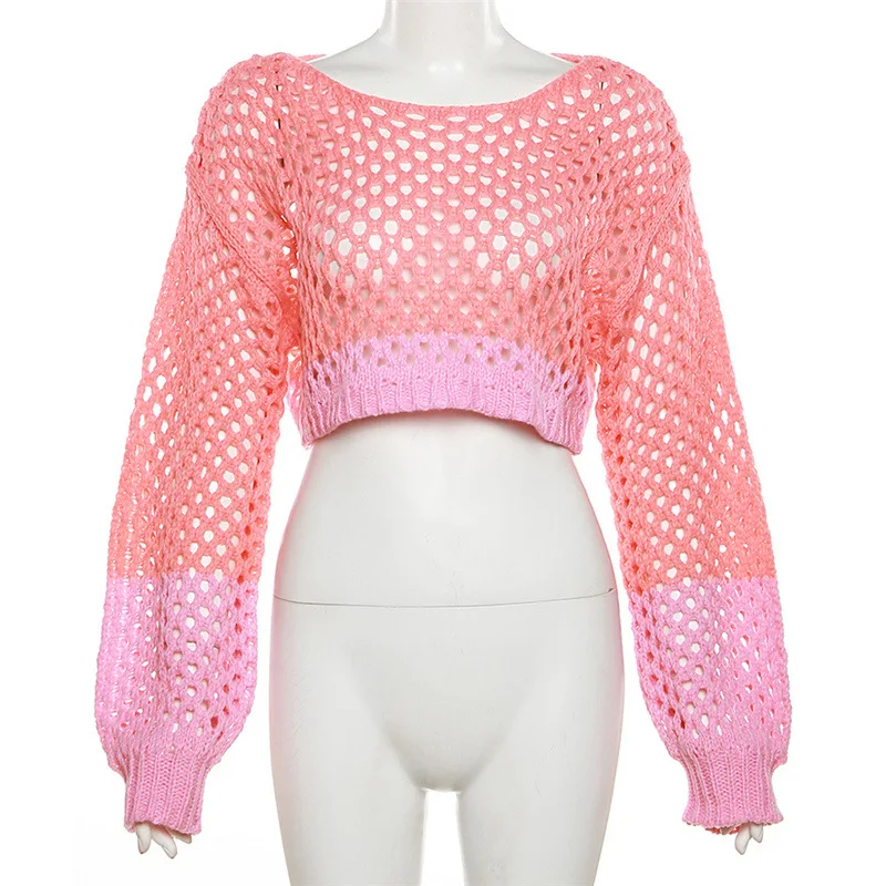 Pink Round Neck Long Sleeve Knit Crop Sweater Women Drop Shoulder Sexy See Through Spring Summer Knitting Pullover Top