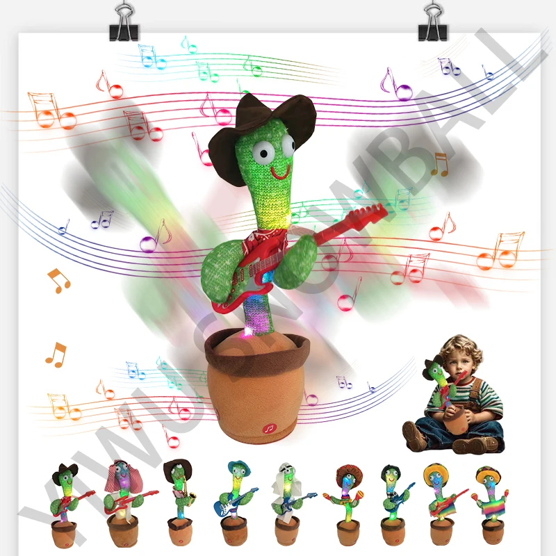 New Soft Stuffed Music Toy Electronic Shake Singing Dancing Learning to Talk West Cowboy Cactus with Light Plush Toys
