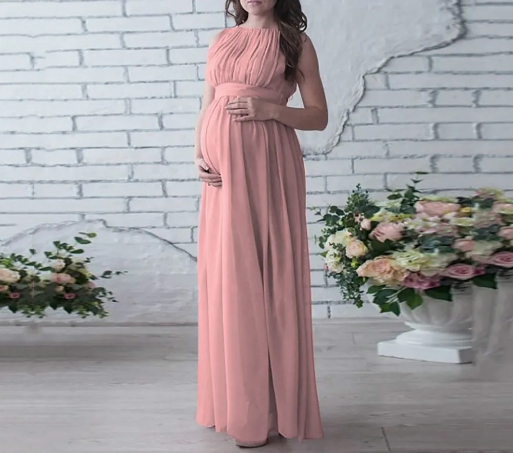 Maternity Gown Fashion Latest Chiffon Maxi Dress Women Clothes Photography Pregnancy Dress for Photo Shoot Pink Pregnant Dress