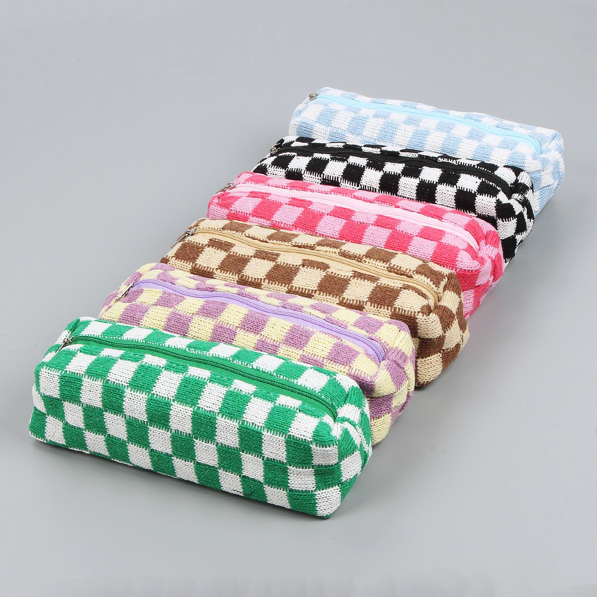 Student Checkered pen Bag College girls Pencil Case Cute plaid Square Shape Knitted Pencil Bags Tube Pencil Case Stationery Bag