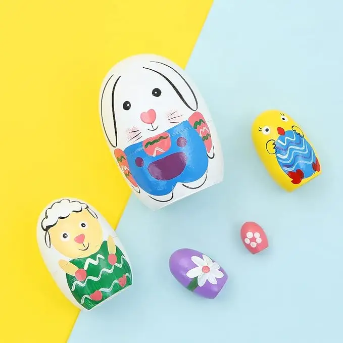 Set of 5 Hand-Painted Colorful Matryoshka Dolls Wooden Easter Egg Nesting Dolls