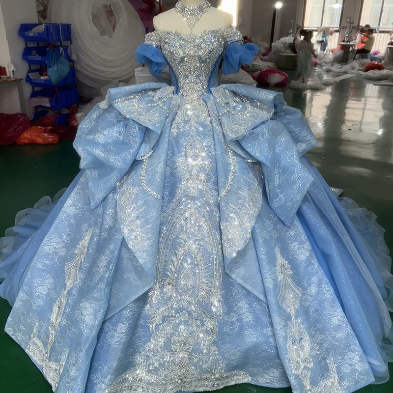 Jancember XS207 платье принцессы с открытыми плечами милое голубое Quinceanera длинным хвостом