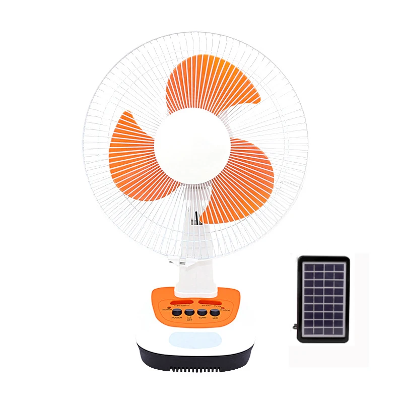 12inch AC DC 9V Solar Rechargeable table fan with 2 speed choice Usb Phone Rechargeable LED Light for Home Outdoor Camping