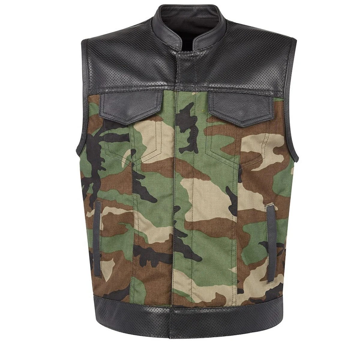 
Genuine Perforated Leather and Camouflage Polyester Cordura Biker Vest Motorcycle Club Vest 