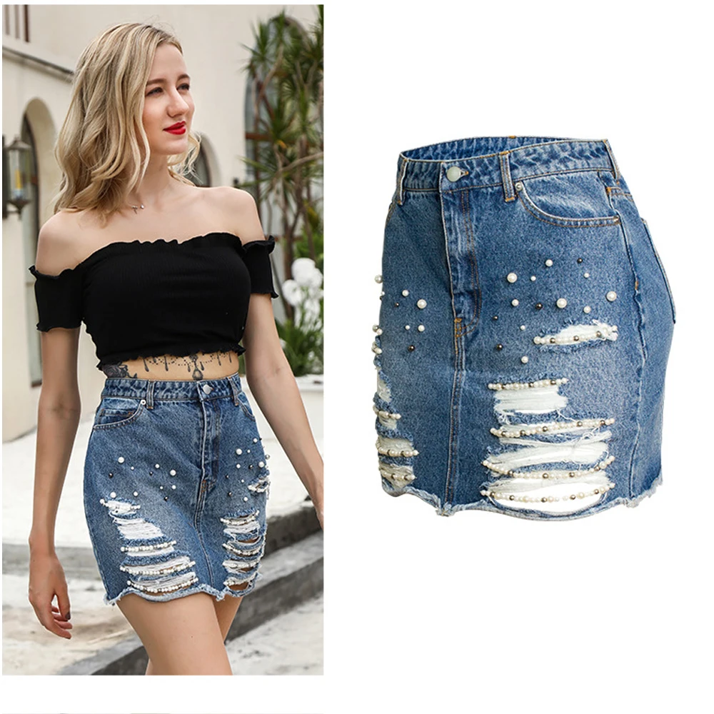 Женская короткая джинсовая юбка с высокой талией и жемчужным синим принтом