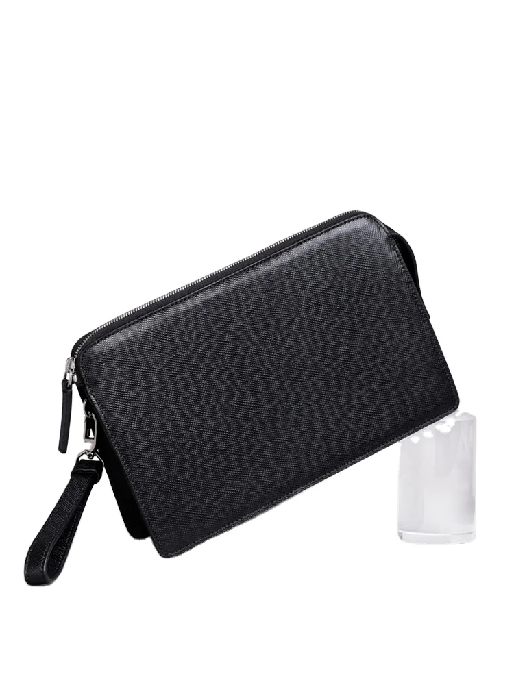 Factory Custom Genuine Leather Clutch Wallet Men Portable Business Bank Card Purse Fashion Black Zipper Clutch Bag for Men