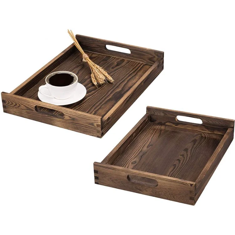 Dark Brown Solid Wood Nesting Serving Trays With Cutout Handles,Set Of 2