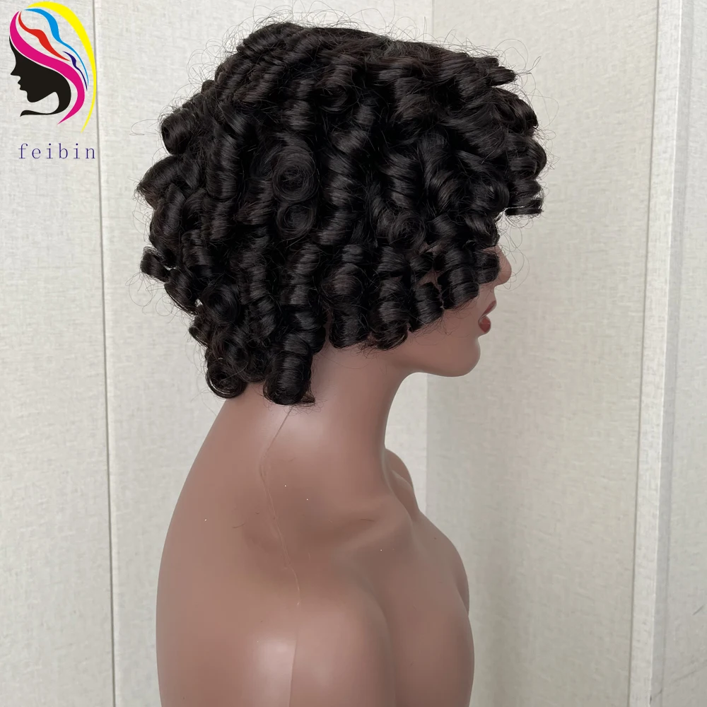 Cheap Price Fumi Curly Human Hair Wigs for Women Pixie Cut Rose Curly Full Machine Wigs Egg Curls Bob Wig With Bangs