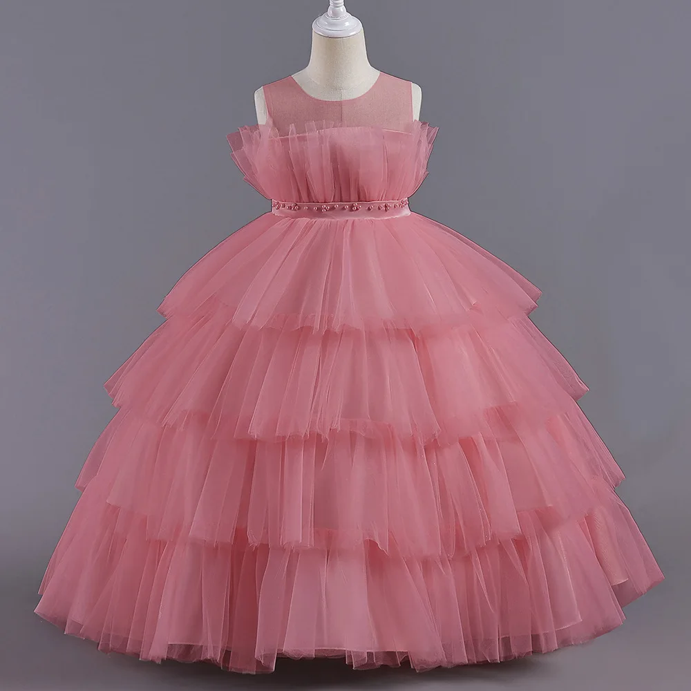 mqatz new dress for girl pink cake puffy tulle dress children clothes party birthday Embroidered for 7 year AL009