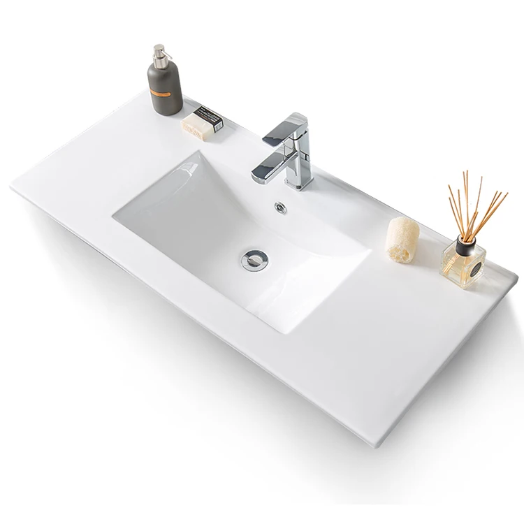 Modern White Ceramic Lavatory wash basin Rectangle Thin Edge Vanity Top Single Cabinet Bathroom Sink