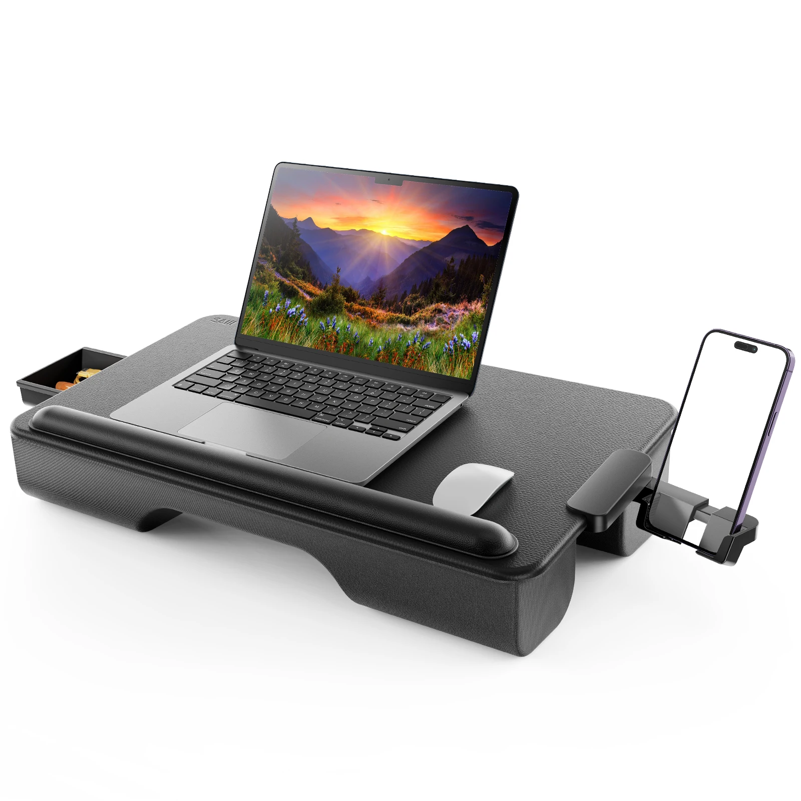Lap Desk with Wrist Rest, Device Ledge, Drawer, Booster Cushion and Phone Holder - Black Carbon - Fits up to 17 Inch Laptops