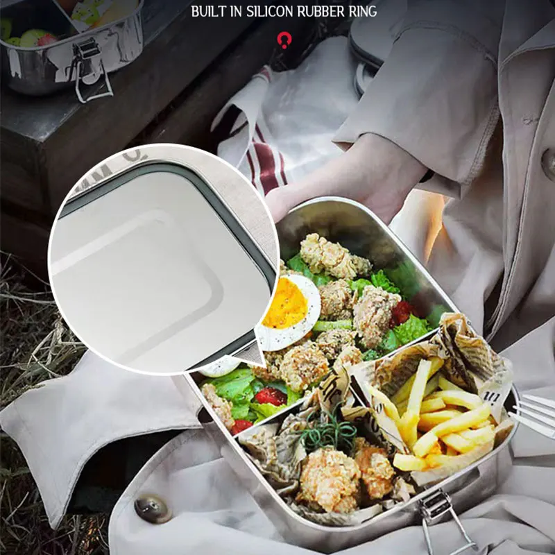 Custom Logo Stainless Steel Lunch Box with Clip Leak-Proof Bento Food Container for Adults and Teenagers Preserves Freshness