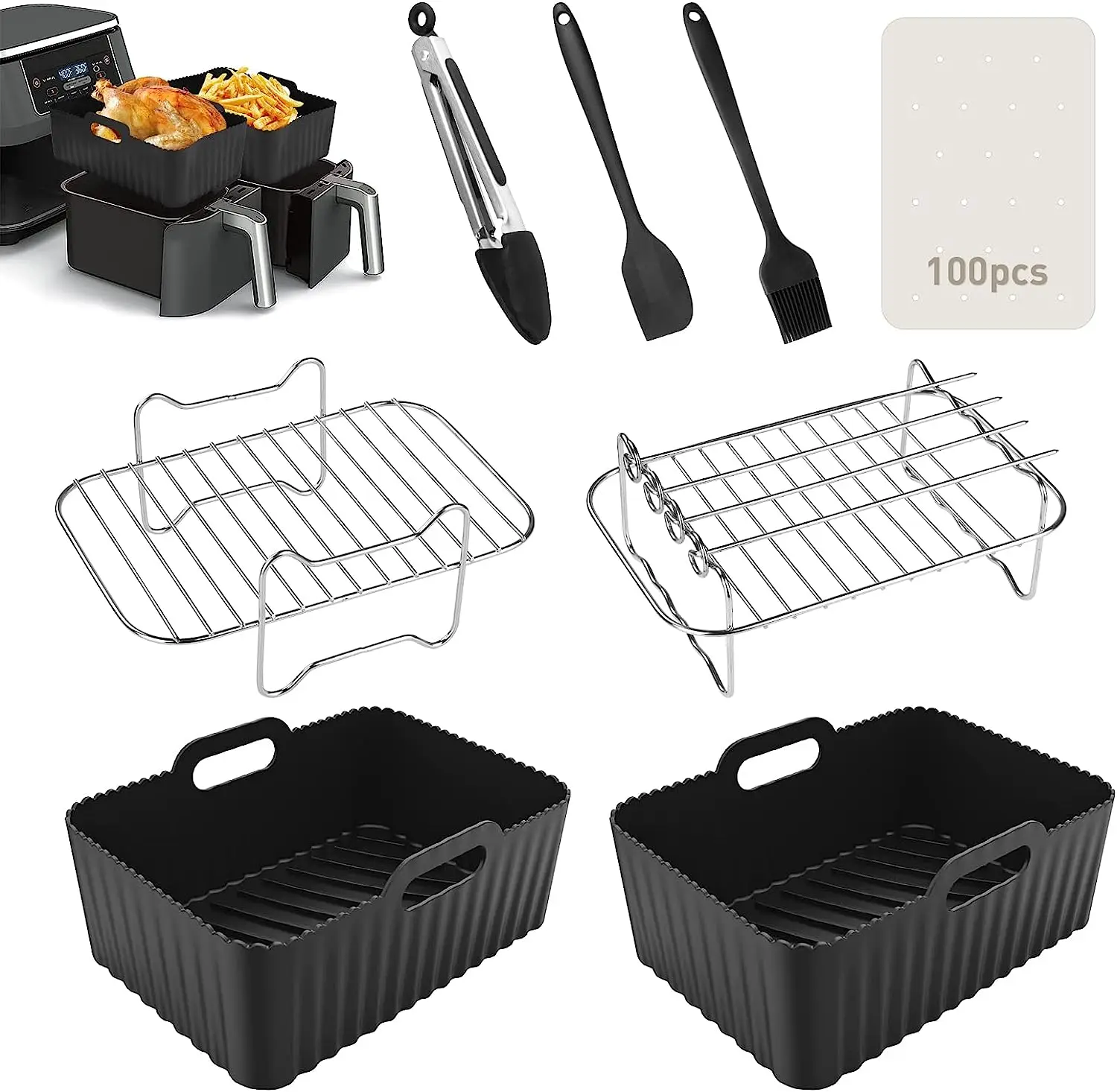 Dual Silicone Air Fryer Liners Gloves Lining Compatible Air Fryer Accessories Rack Food Tong Paper Round Household Barbecue Fep