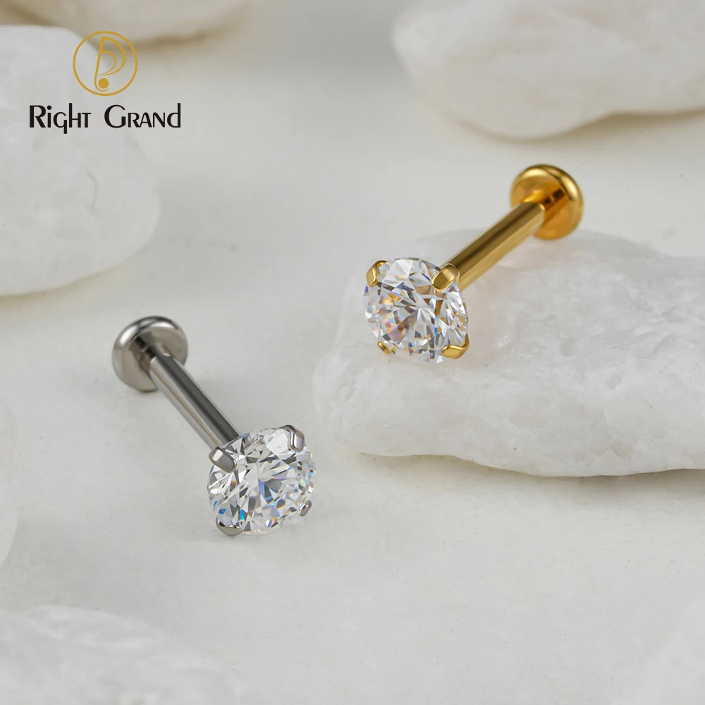 Right Grand ASTM F136 Titanium 18G/16G Threadless Push Pin Labret Stud CZ Cartilage Earring Helix Tragus Nose Stud Piercing