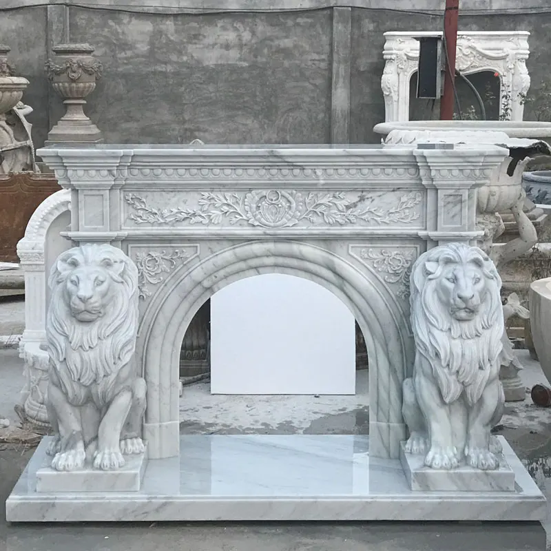 Home Decoration Custom Freestanding White Marble Mantel Fireplace With Marble Lion Statue Carving