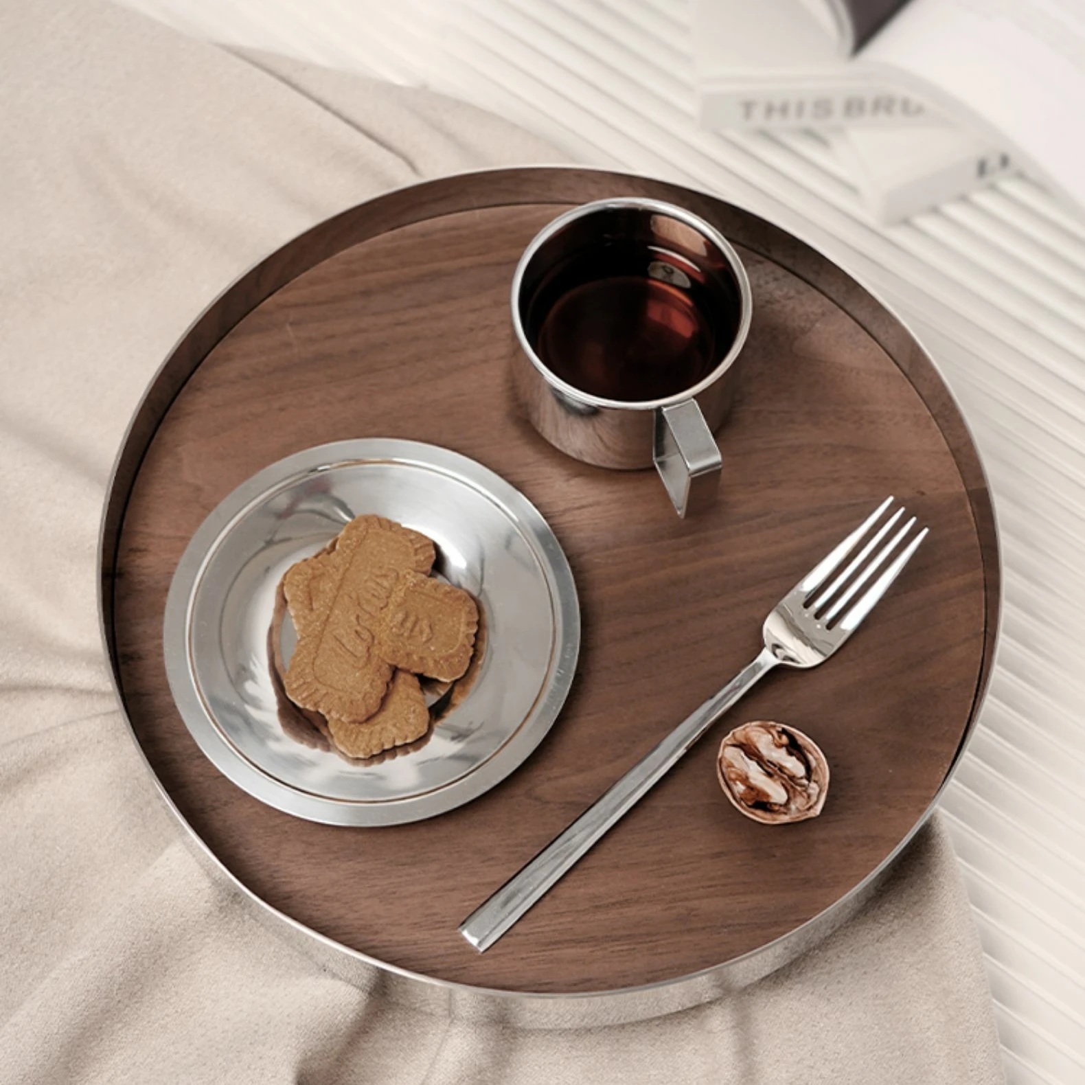Classic Walnut Steel Tray Breakfast Serving Tray Coffee Cups Cary Wood Trays For Restaurant Serving