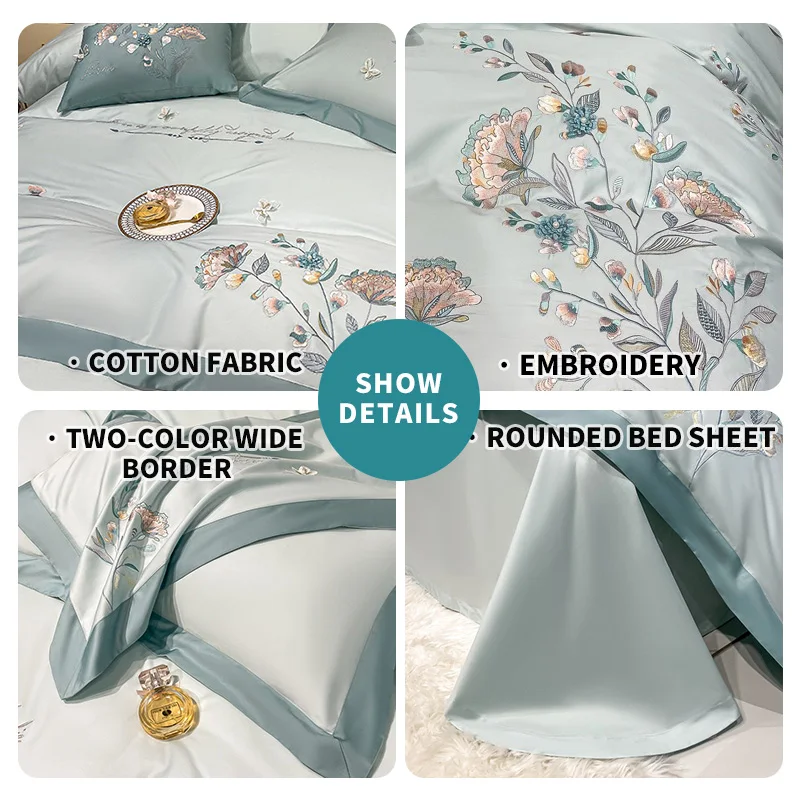 Pastoral Embroidered Flowers 4pcs Duvet Cover Set 100% Cotton luxury Soft Bed sheet set with Pillowcases