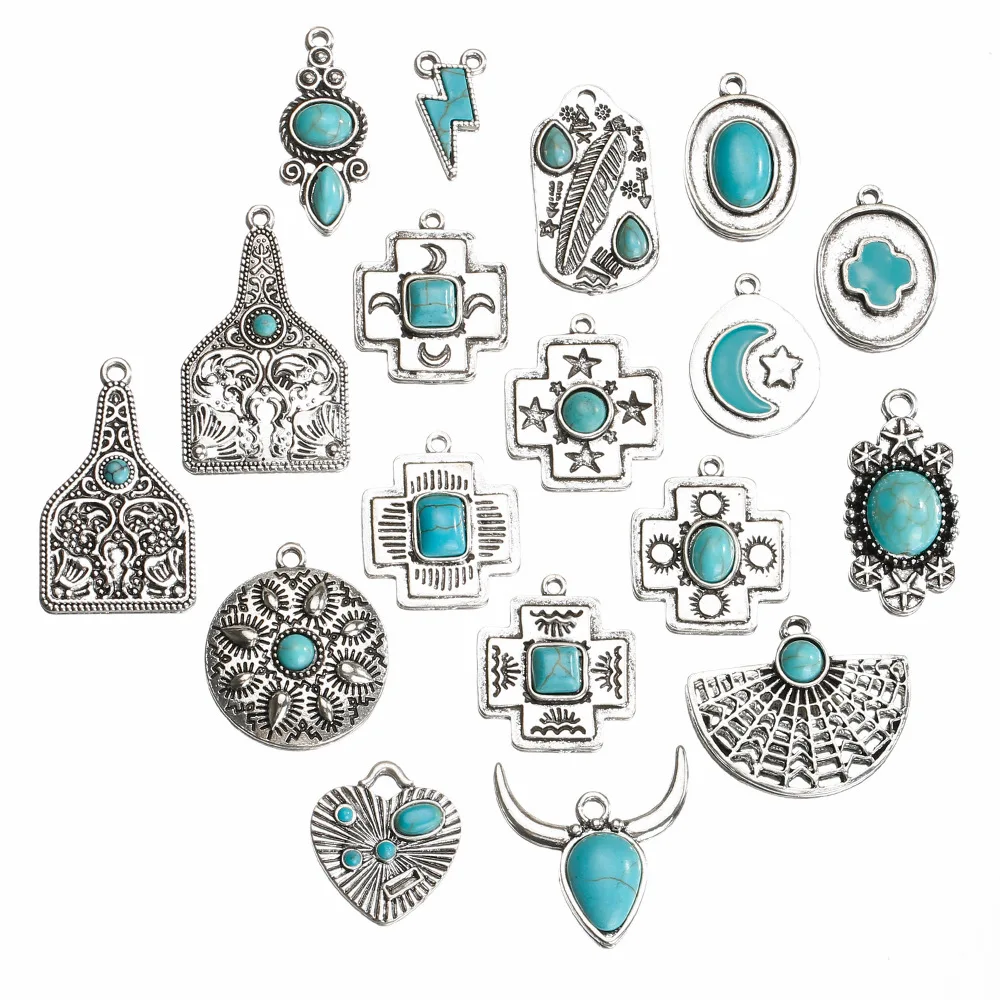 New Retro Bohemian Style Western Charms Bull Head Water Drop Cow Turquoise Pendants for Jewelry Making Accessories