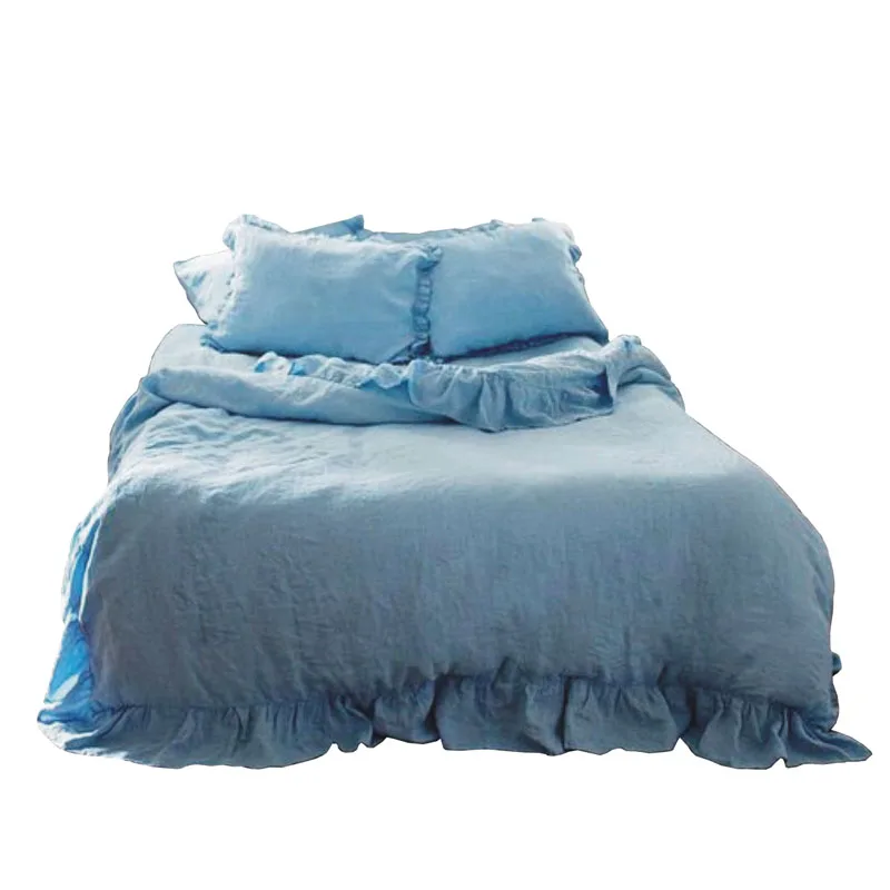 luxury low moq new product 100% pure belgium french flax linen hemp blue ruffle bedding sets four-piece set