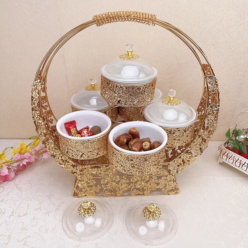 Muslim Style Golden Metal 6 pieces Bowl Set Ceramic Serving Cupcake Dishes For Ramadan Decorations