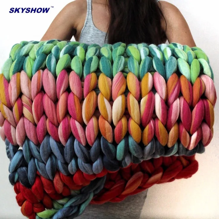 Супер толстая шерсть мериноса Исландия 100% акрил на заказ Радужное крупное вязаное одеяло