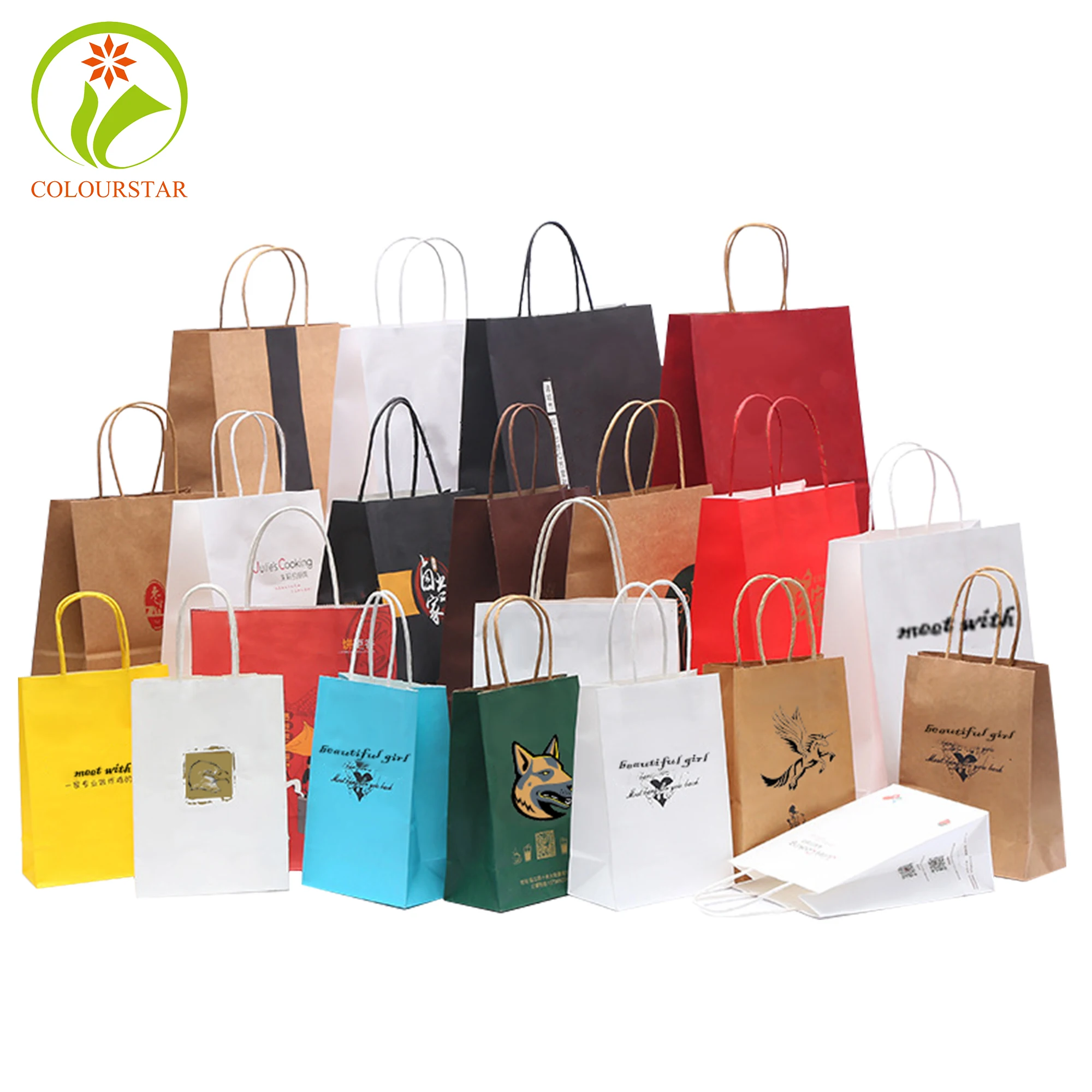 White And Brown Kraft Paper Twisted Handle Shopping Carrier Bag With Logo Printed