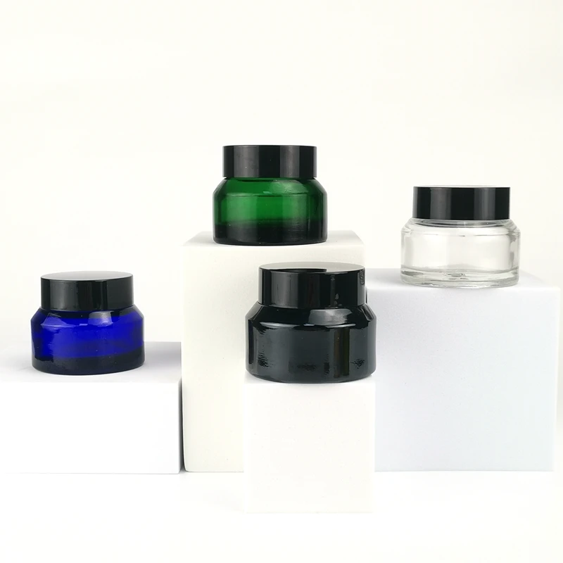 Inclined shoulder cosmetic glass container 30 ml face cream jar colored 30 gm glass jar with bamboo lid