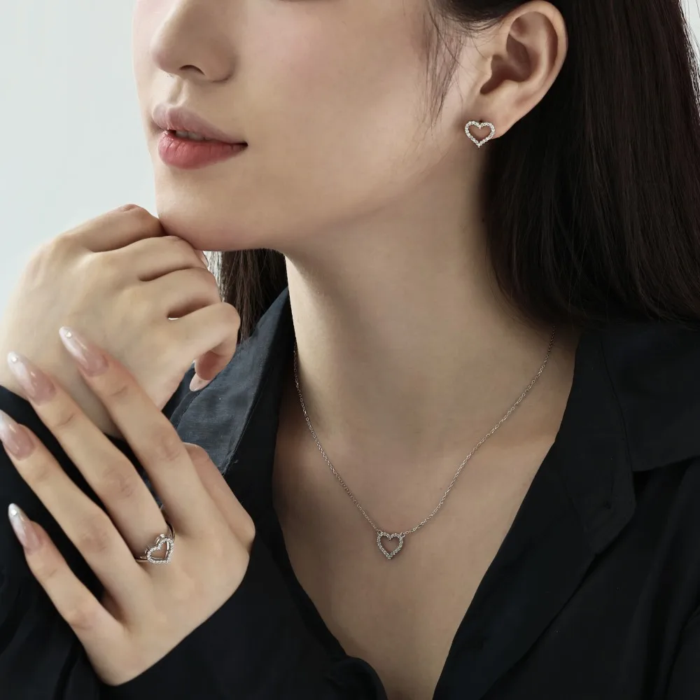 Dylam Women Daily Wear Jewelry Accessories S925 Silver Rhodium Plated 5A Zirconia Heart Necklace Earrings Ring Jewelry Set