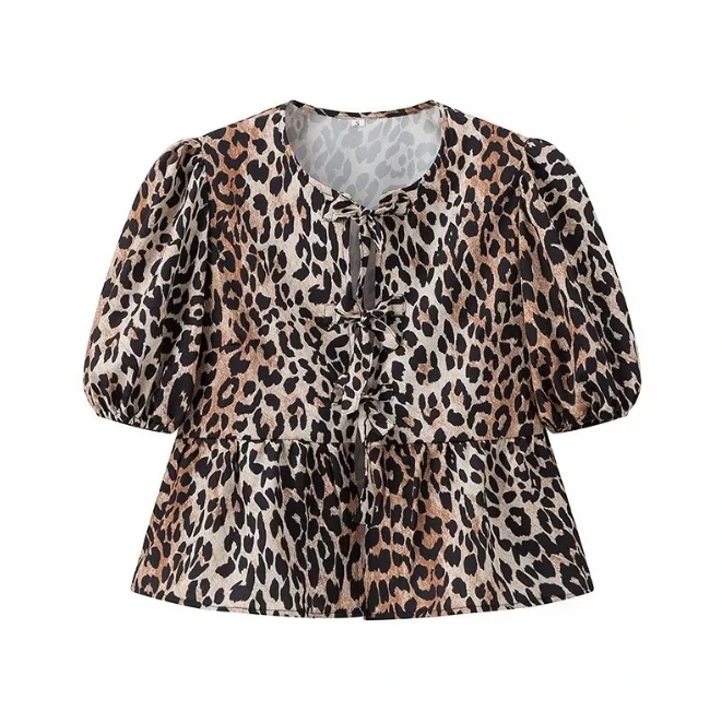 GX3835 Fashion 2024 summer O-neck tops printed street wear short sleeve cardigan lace-up blouse women casual unique T-shirt