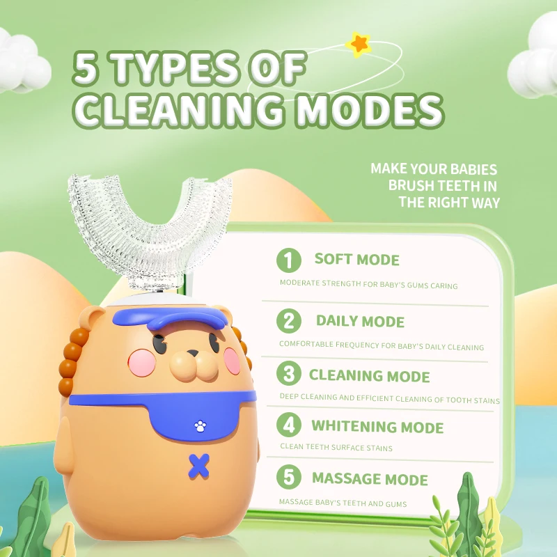 Portable Smart U Silicone 360 Degree Kids Sonic Toothbrush 5 Gear Automatic Electric Toothbrush for Kids