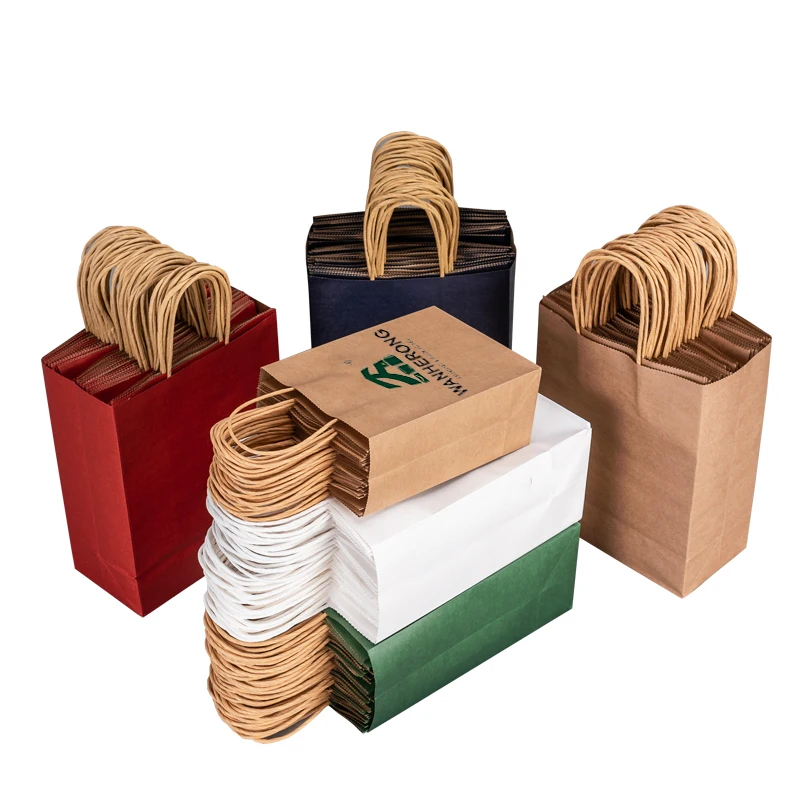 Manufacturer Whole Sale Recyclable Kraft Paper Bag With Rope Handle With your Own Logo for Take Out Food