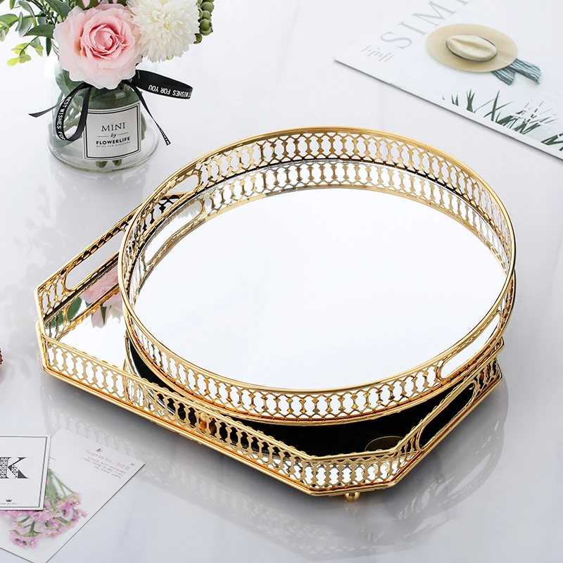 Serving Tray Set Nordic Modern Gold Glass Metal Acrylic Mirror Round Luxury Decorative Serving Trays For Serving With Handles