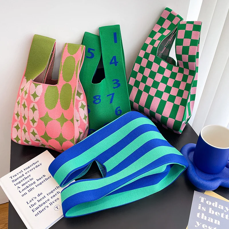 Europe Popular Candy Color Geometric Pattern Knitted Handbags For Girls Shopping Tote Bag Fashion Checkered  Knitting Tote Bags
