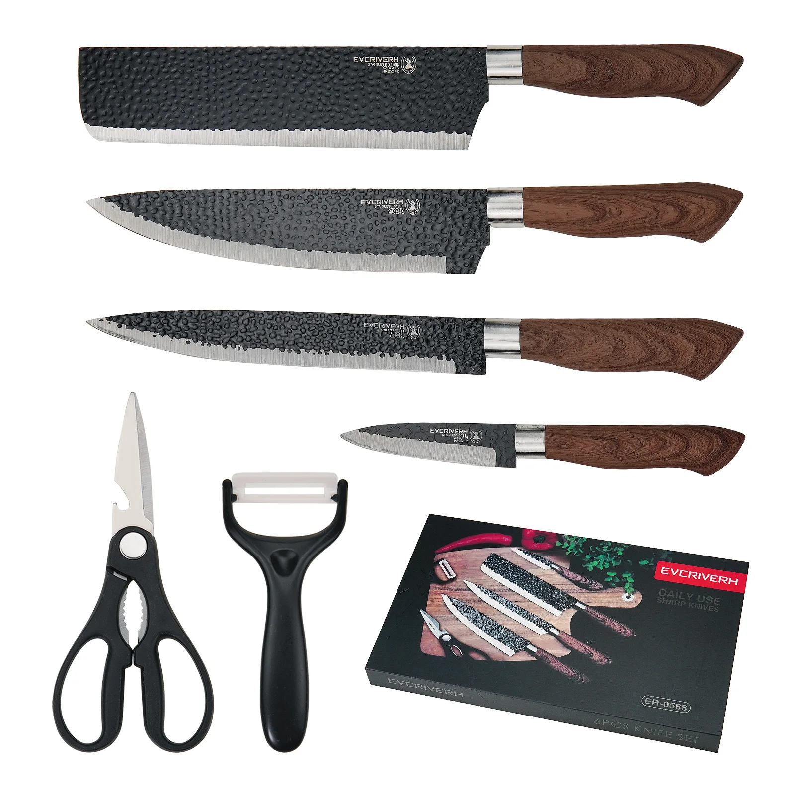 Best 6pcs  Patent Chef Series Knives Set with Knife Sharpener Embossed non-stick knife + ceramic melon planer