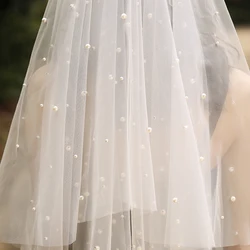 Ins Hot Handmade Factory Ivory Soft Tulle Pearl Bridal Veil Customized Vintage Evenly Spaced Small Pearl Wedding Bridal Veil