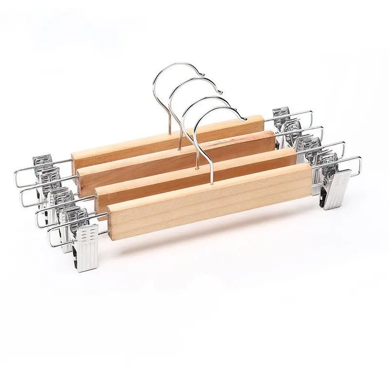 Nice quality Non-slip steel grip clips Wooden Hangers with Cushioned clamps for hanging pants skirt