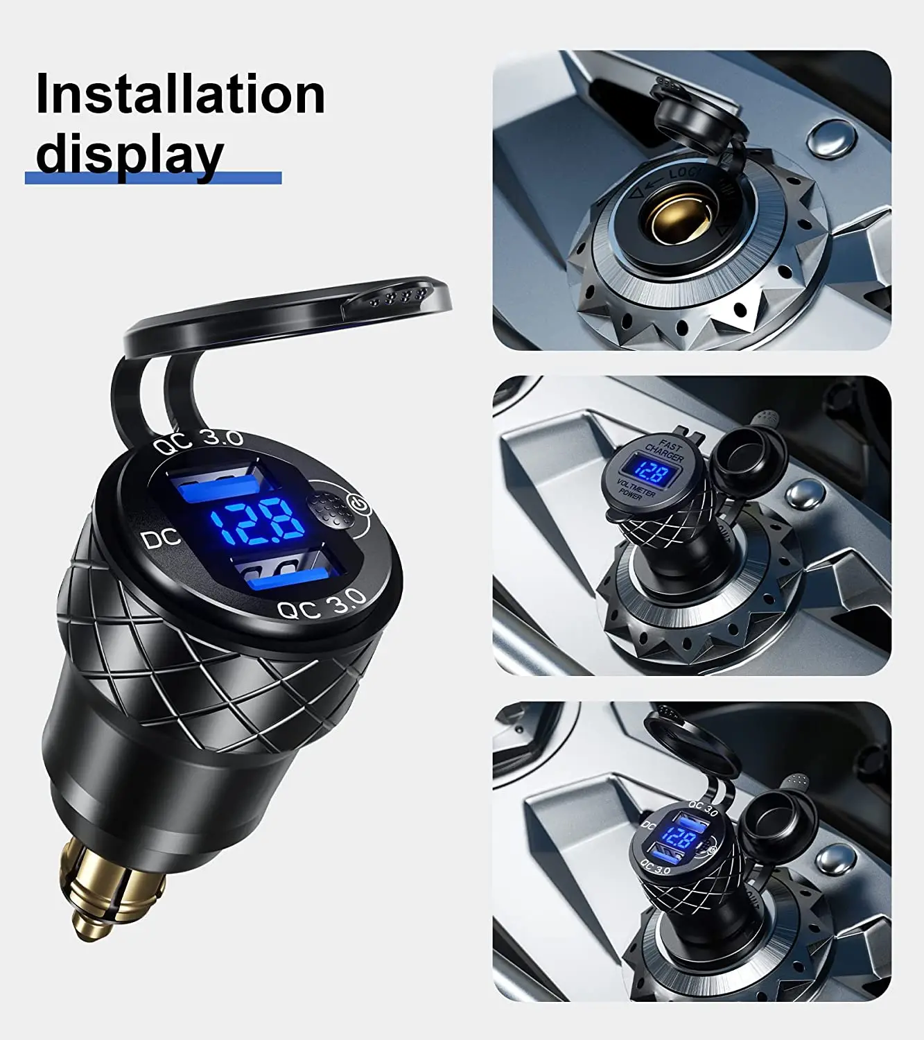 Aluminium DIN Hella Power outlet Plug Charger Motorcycle Dual Quick Charger 3.0 USB Charger Power Adapter with LED Display