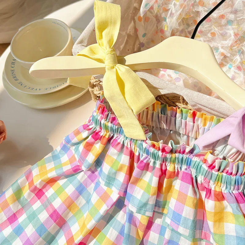 New Summer Korean style infant girls sweet cute rainbow plaid suspender cotton suspender frock skirt high quality for kids girl