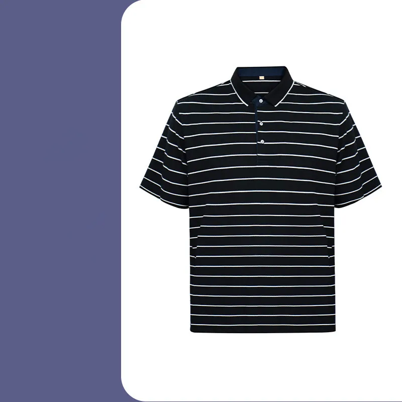 75 % Cotton 25% Polyester 3 Buttons Placket Turn Down Collar Pinstriped Shirts Custom Logo Short Sleeve Polos For Men