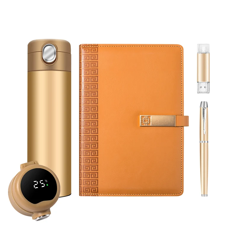 Stock Custom logo Chinese paper-cut design plain notebook&vaccum flask&USB flash drive&metal pen new year gift set