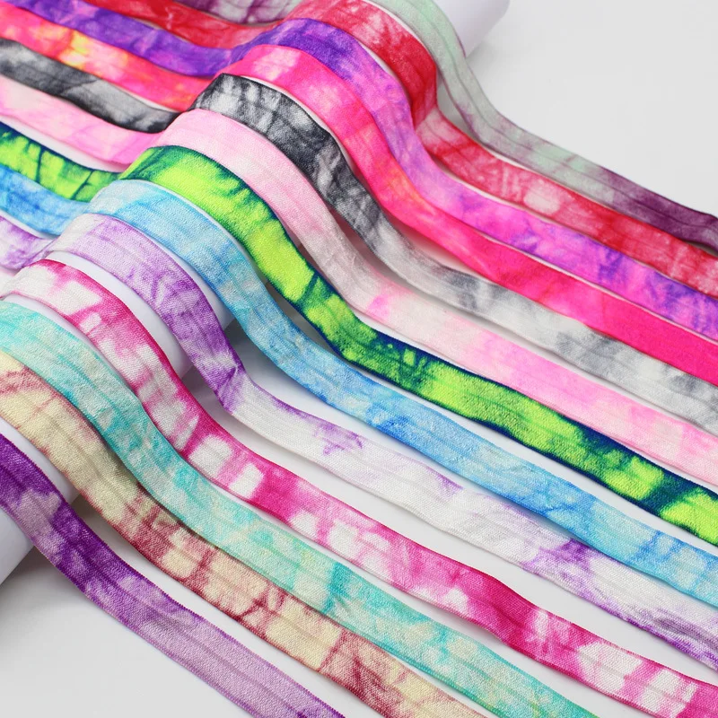 Stock 1.5cm Tie Dye Shiny Fold Over Elastic Ribbon Elastic Band For Hair Tie Band Accessories