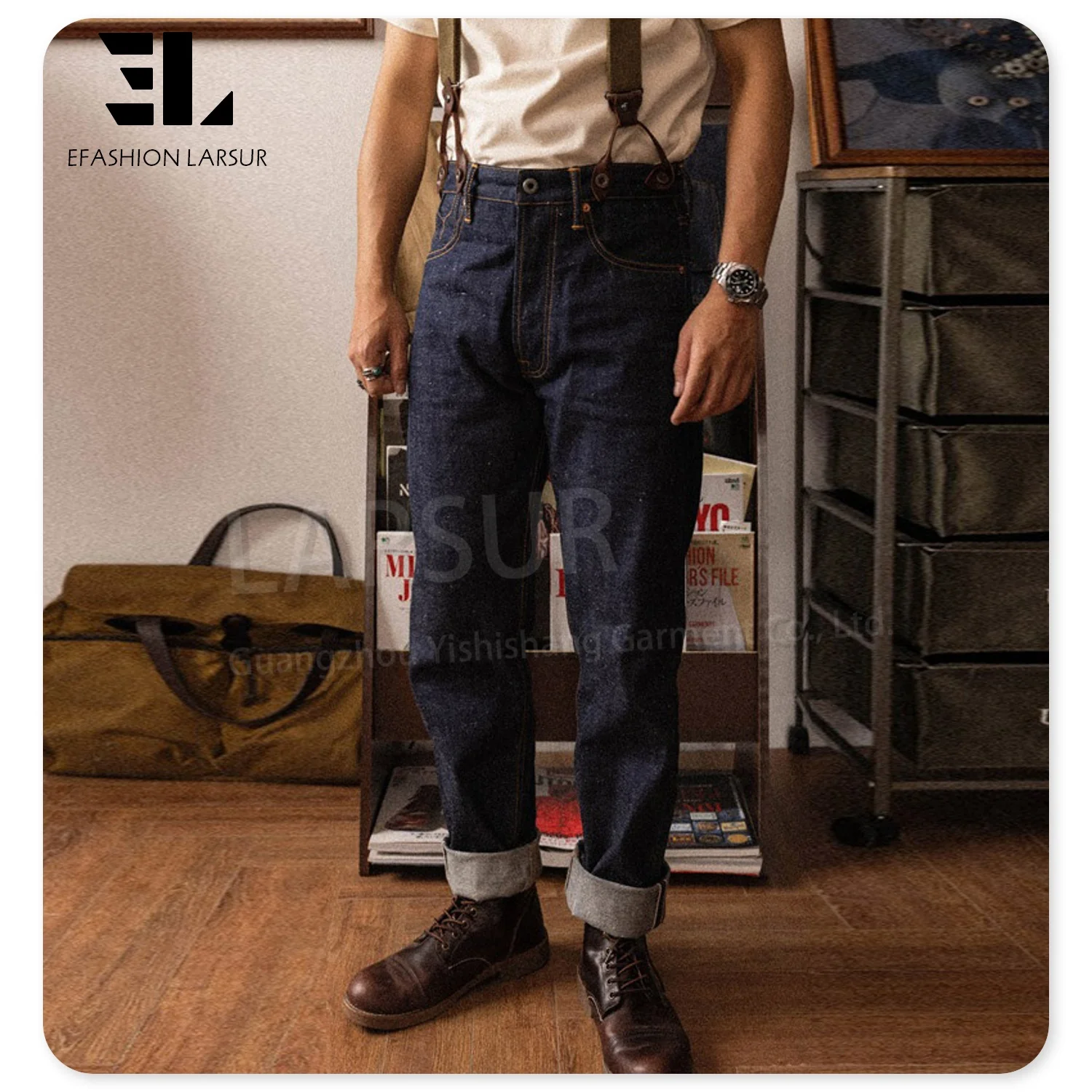 LARSUR Custom denim manufacturer bukleback work raw selvedge denim jeans men paris buckle straight slim red selvedge denim pant