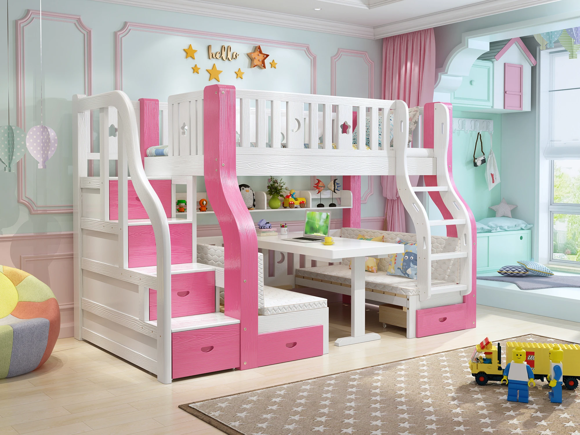 
Multifunction Solid Wood Bed Room Sets Children Twin Girl Pink Princess Bunk Bed 