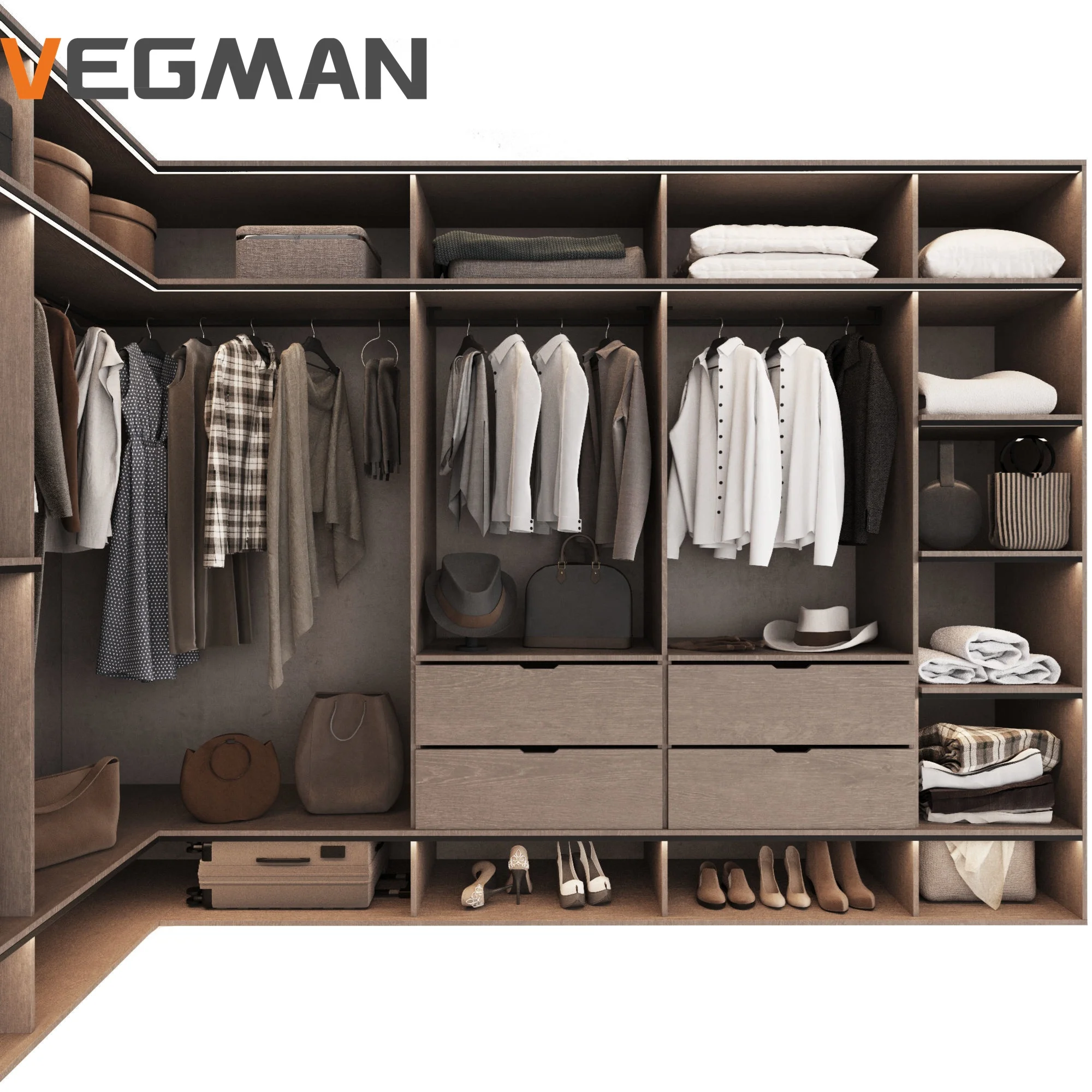 European Style Custom L Shape Brown Bedroom Wooden Panel Walk In Wardrobe Closet