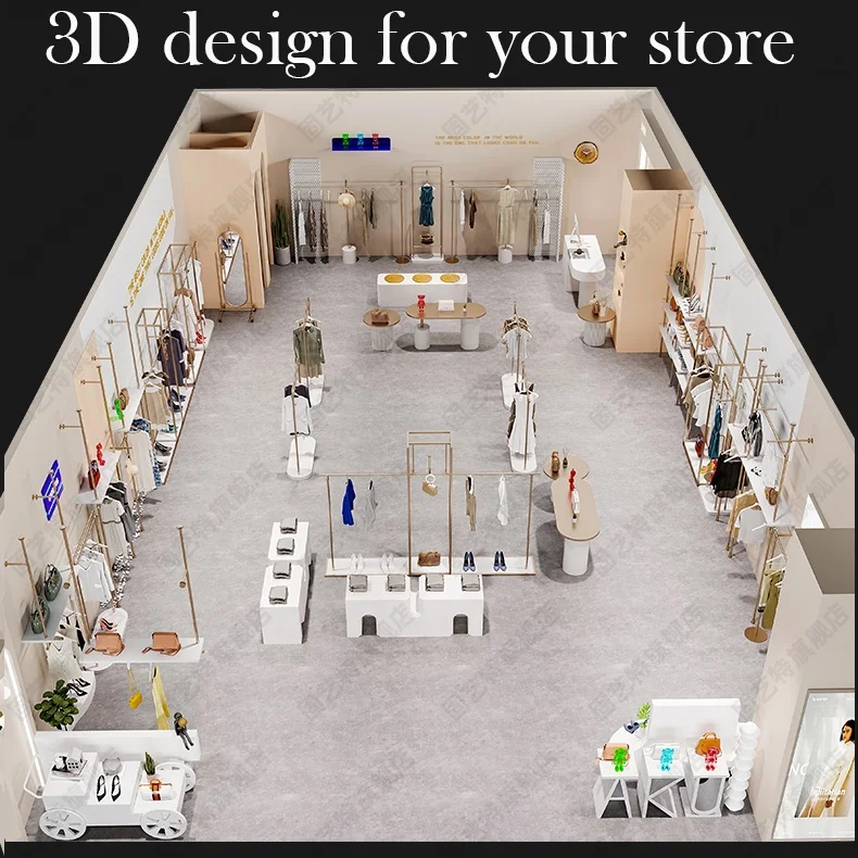 Custom Gold Wall clothing Display Stand clothes Shelf Store Decoration Store Design for Shop