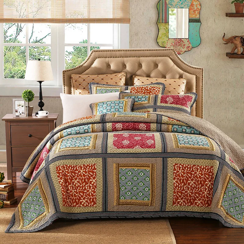 Colorful Geometric Printed Coverlet Bedding Set Cotton Quilted Bedspread With 2 Pillow Case