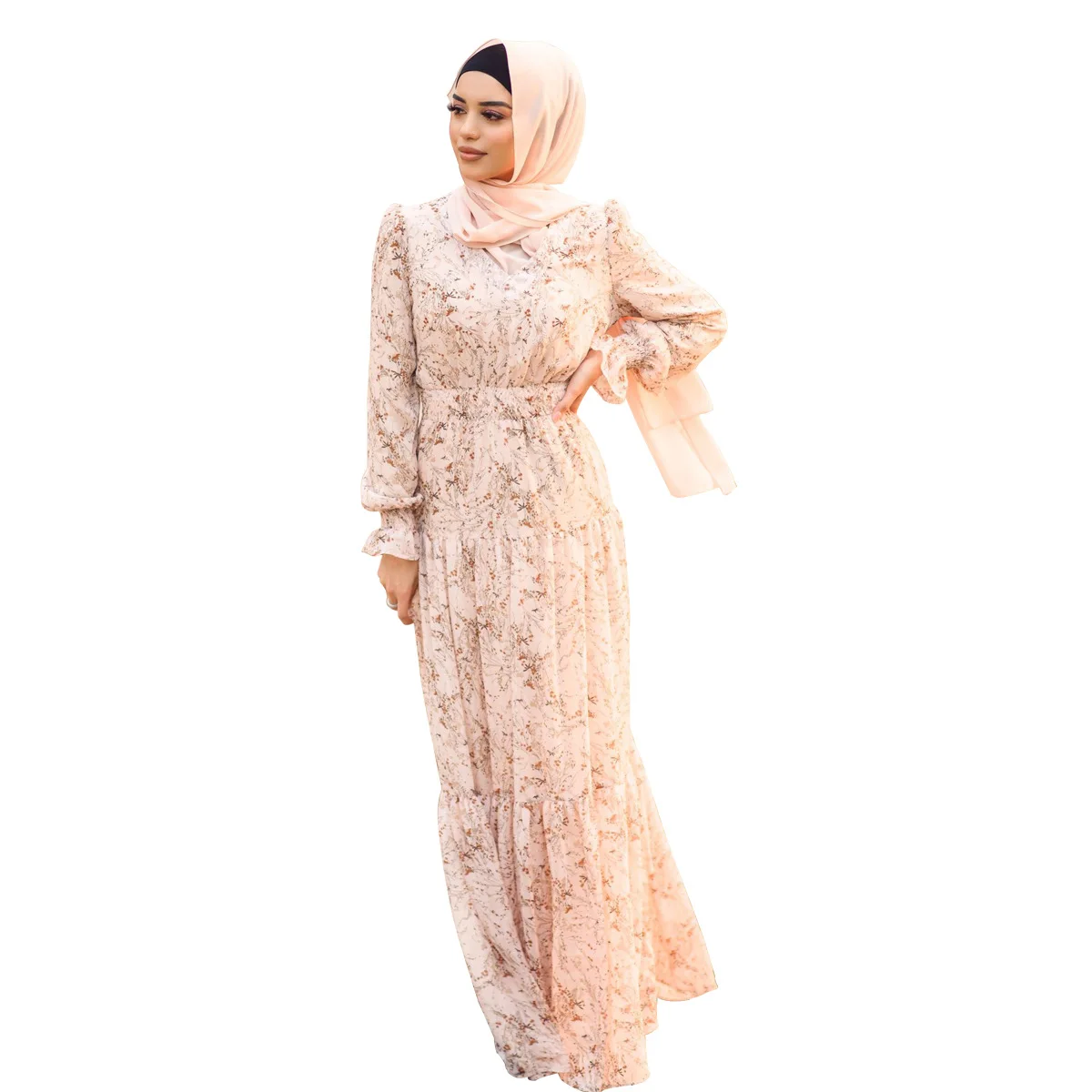 Elegant chiffon pleated long sleeve long skirt dress lady elegant long sleeve wrap dress