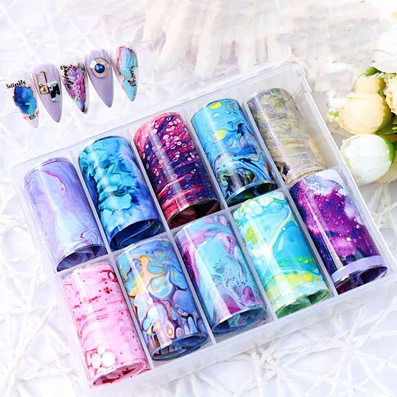 10Pcs/box Stars Lattice Transfer Holographic Charm Women Flowers Butterfly Colorful Celebrity Nail Art Foil Transfer